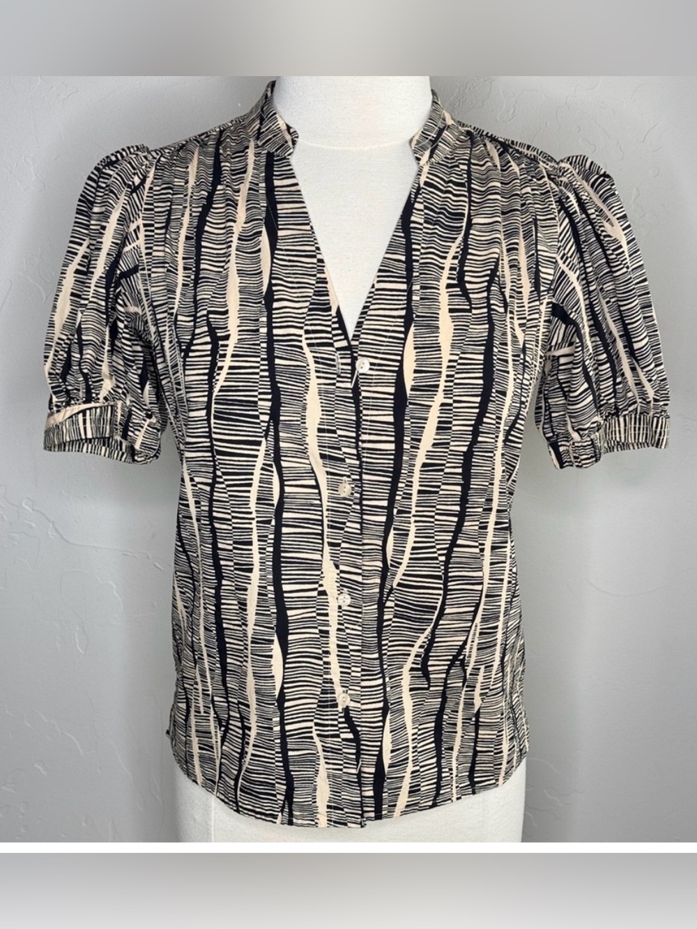 Nine West Black and Cream Striped Puff-Sleeve Button Down Blouse